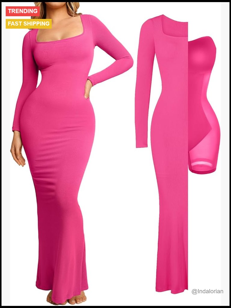 Long Sleeve Maxi Dress Built-In Shapewear Bra Square Neck Bodycon